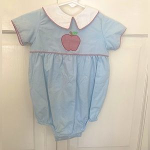 Dondolo short sleeve bubble romper. Light blue with red detail. Size 18m